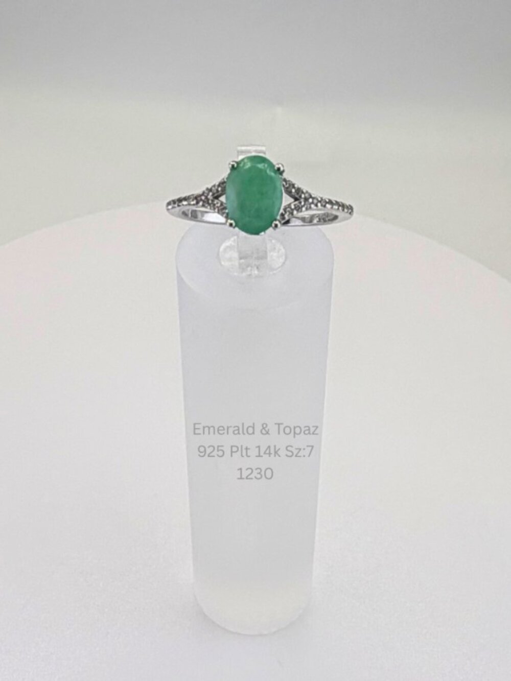 Emerald & White Topaz Ring Sz 7 925 Sterling Silver 14K Gold Plated